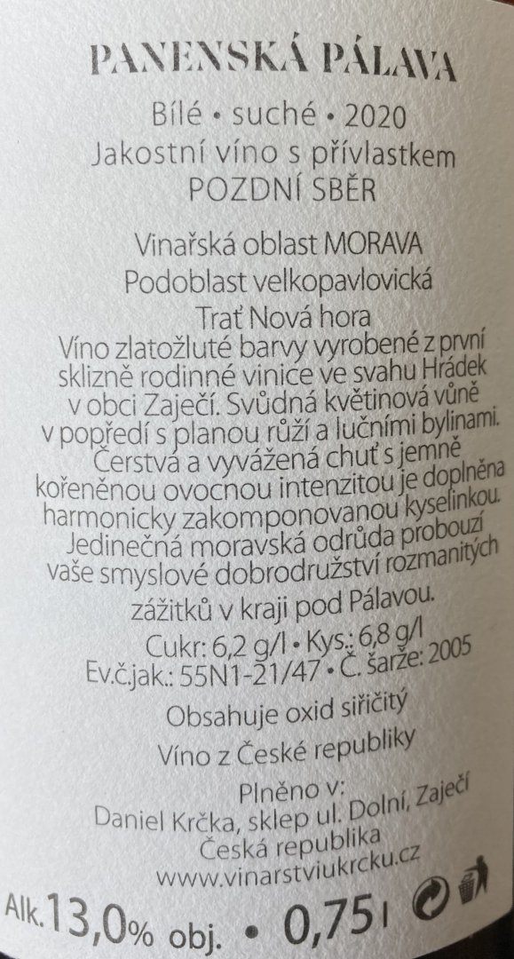Fľaša vína Panenská Pálava 2020, pozdný sber (suché)