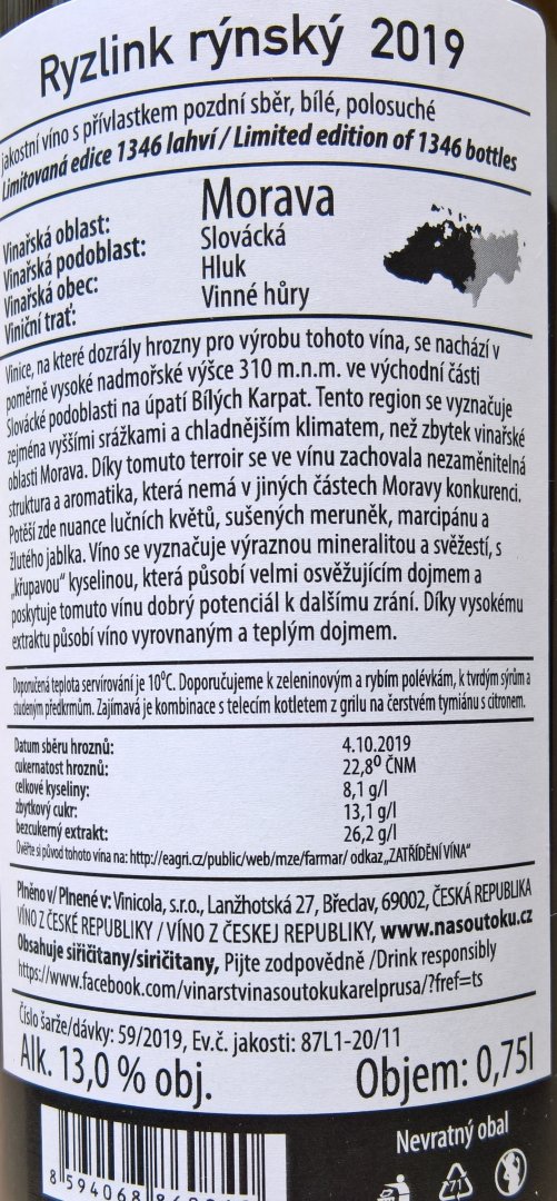 Fľaša vína Ryzlink rýnský 2019, pozdný sber (polosuché)