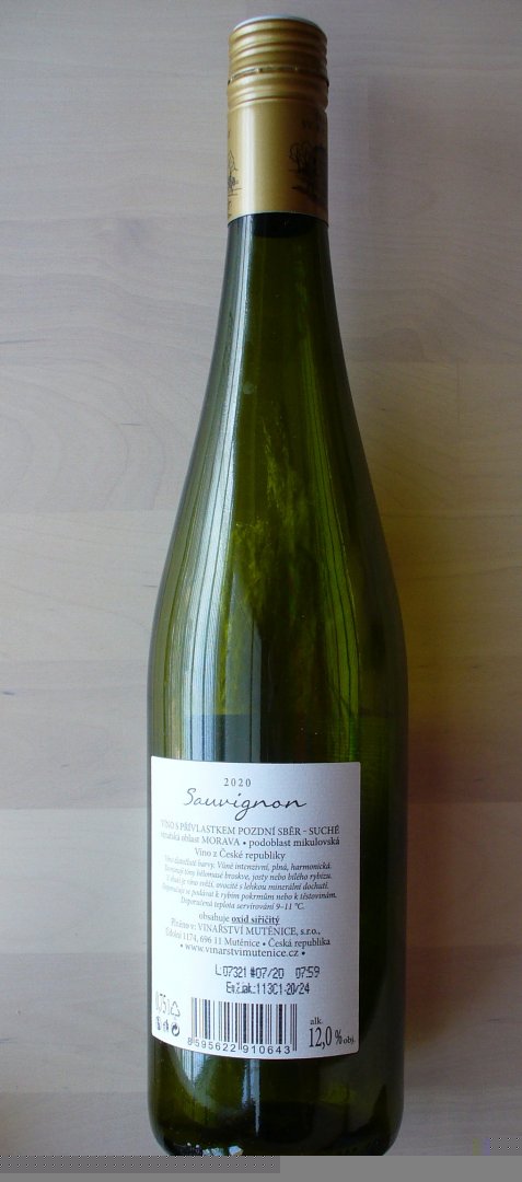 Fľaša vína Sauvignon 2020, pozdný sber (suché)