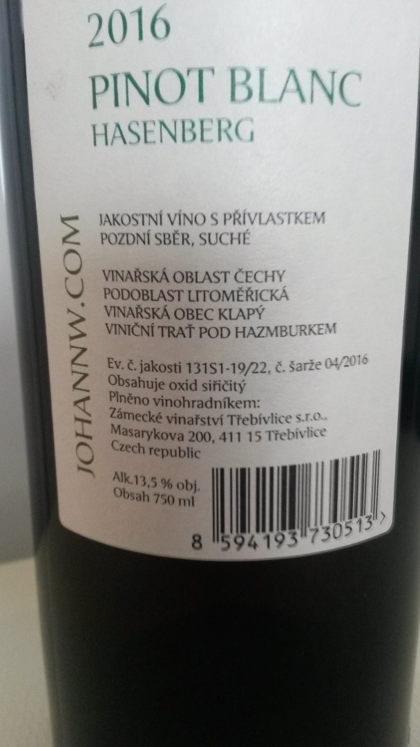 Fľaša vína Pinot blanc Hasenberg 2016, akostné víno (suché)