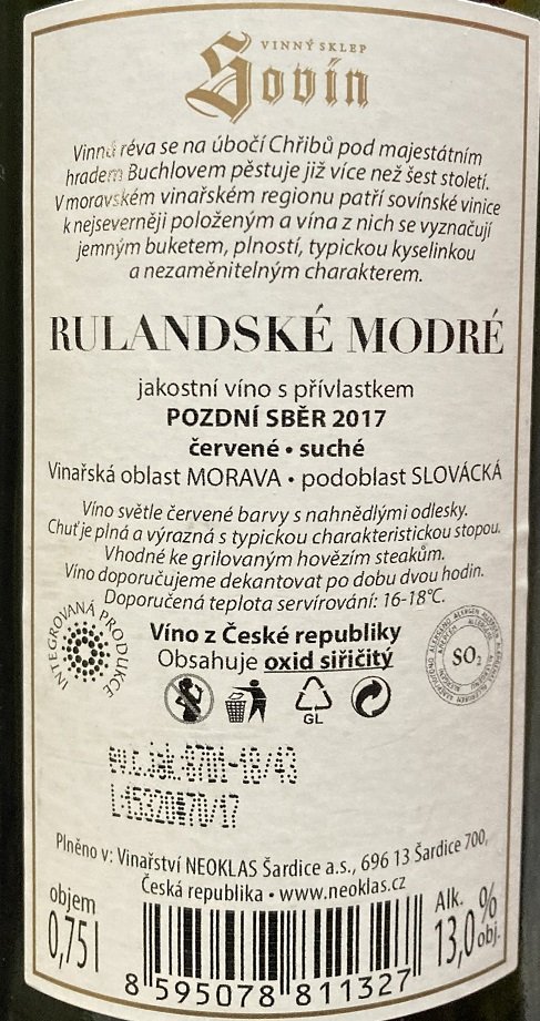 Fľaša vína Rulandské modré 2017, pozdný sber (suché)