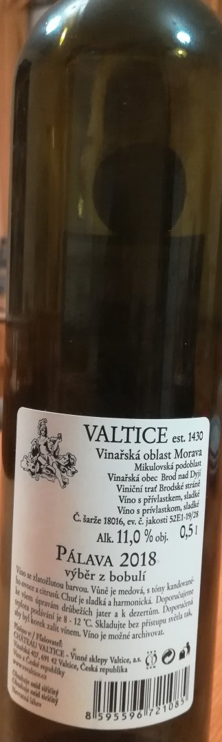 Fľaša vína Pálava 2018, bobuľový výber (sladké)