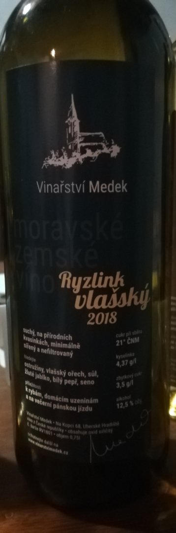 Fľaša vína Ryzlink vlašský 2018, zemské víno (suché)