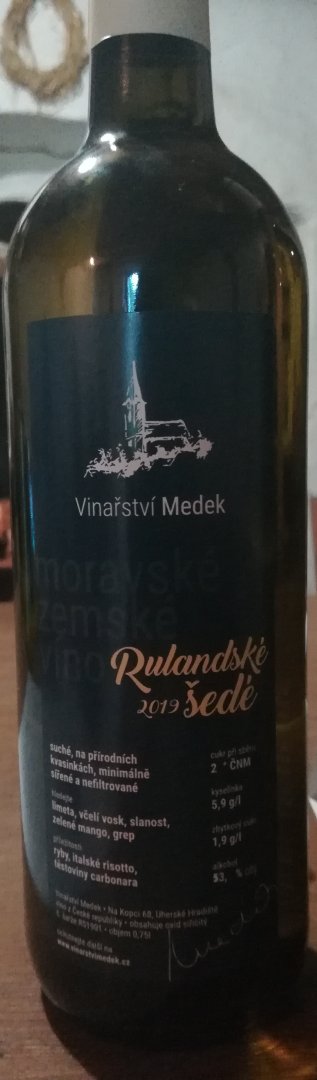 Fľaša vína Rulandské šedé, nefiltrované 2019, zemské víno (suché)