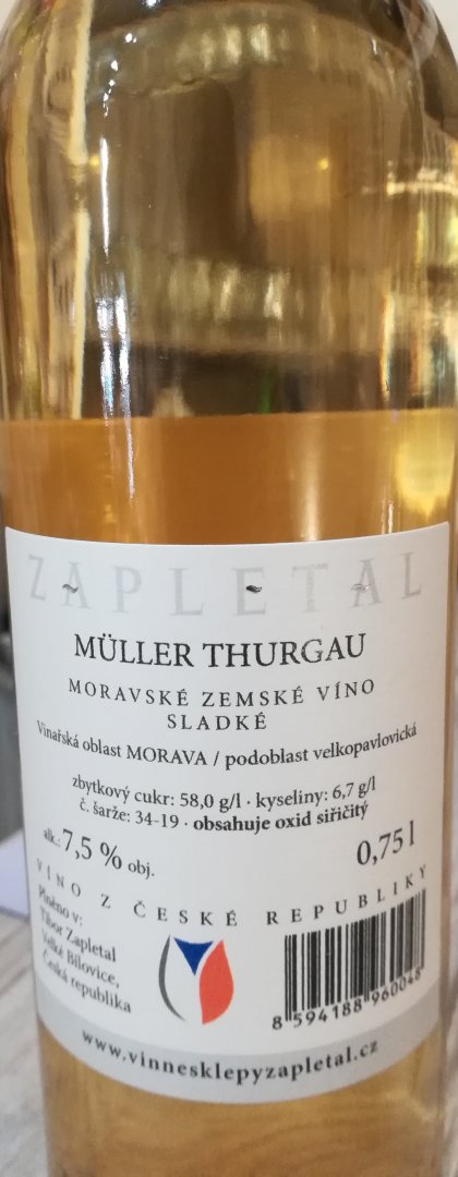 Fľaša vína Müller Thurgau 2019, zemské víno (sladké)