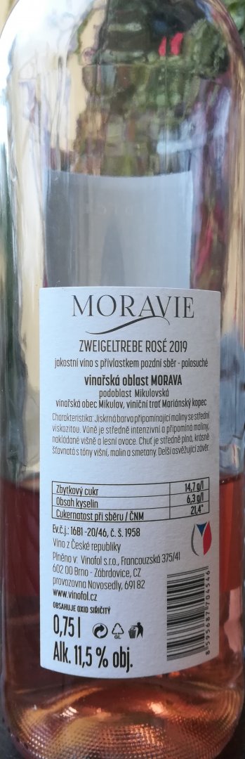 Fľaša vína Zweigeltrebe rosé 2019, pozdný sber (suché)