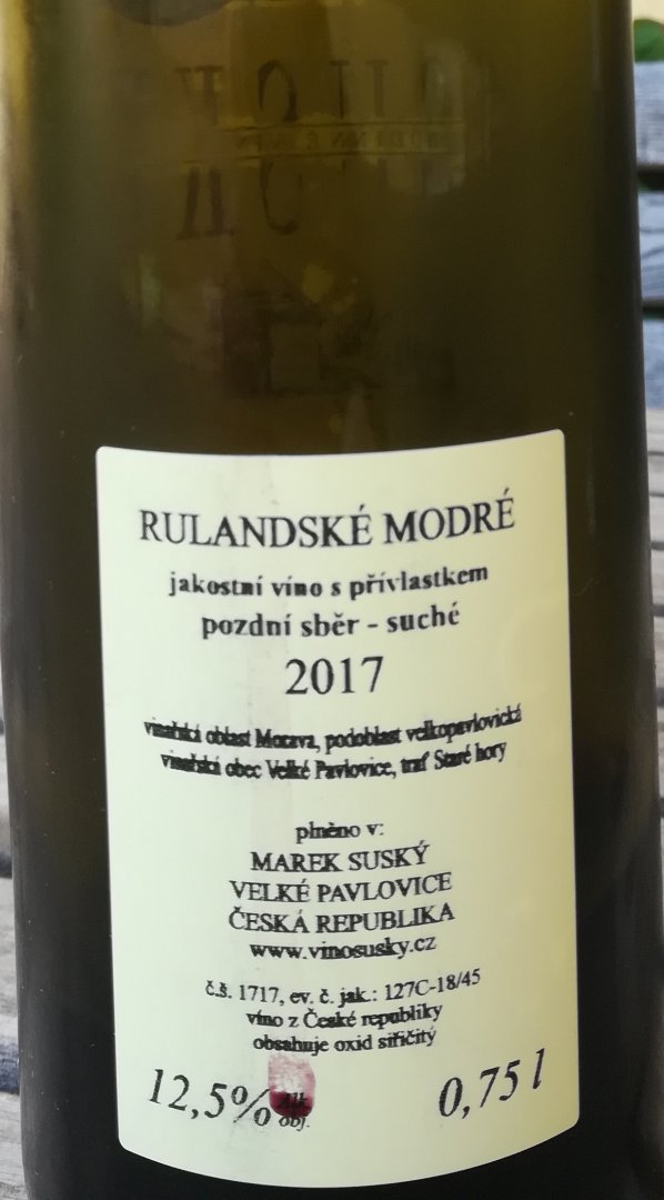 Fľaša vína Rulandské modré 2017, pozdný sber (suché)