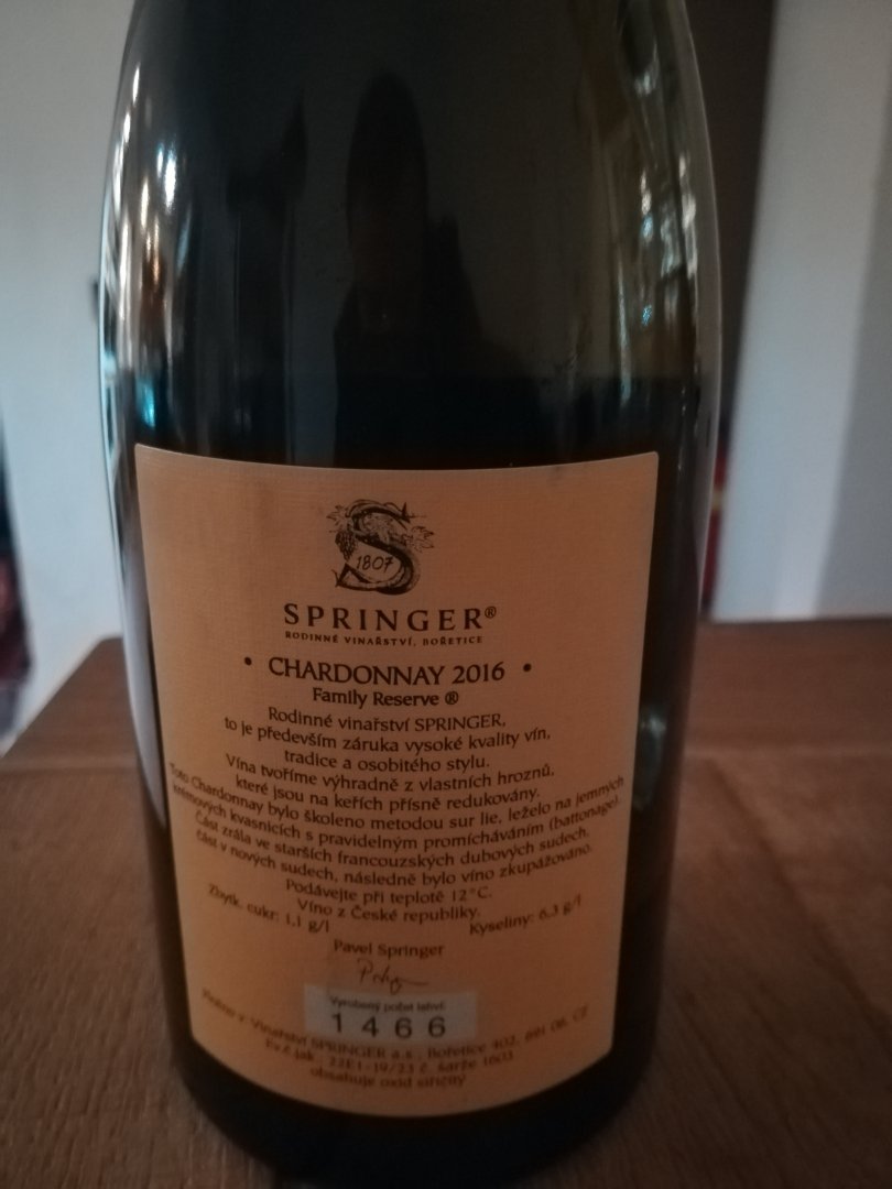 Fľaša vína Chardonnay 2016, pozdný sber (suché)