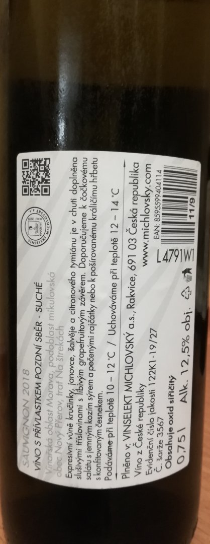 Fľaša vína Sauvignon 2018, pozdný sber (suché)