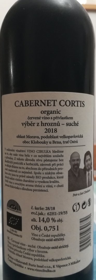 Fľaša vína Cabernet Cortis 2018, výber z hrozna (suché)