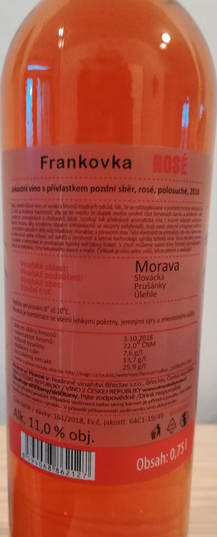 Fľaša vína Frankovka 2018, pozdný sber (polosuché)