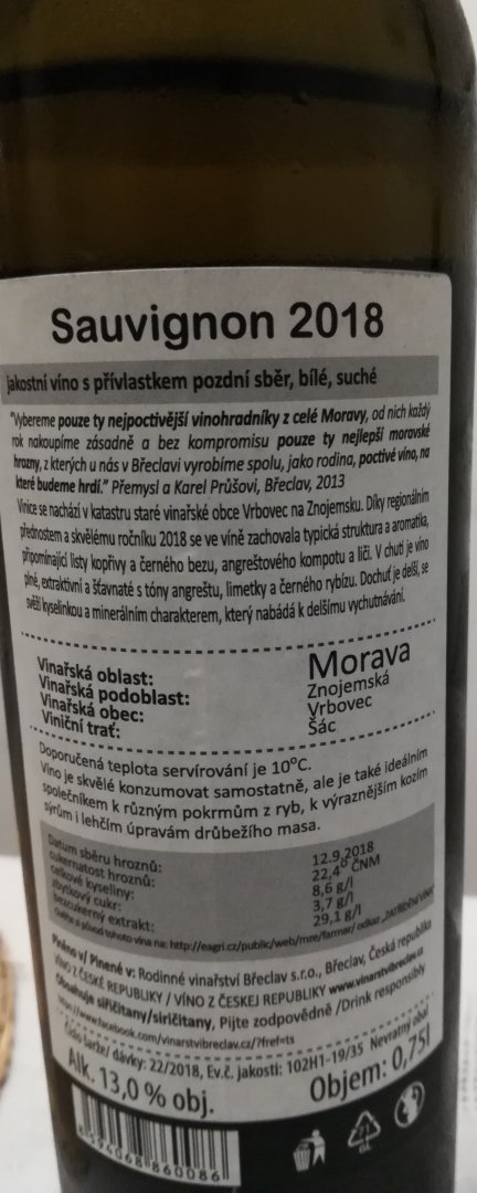 Fľaša vína Sauvignon 2018, pozdný sber (suché)