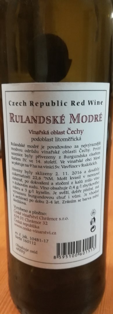 Fľaša vína Rulandské modré Salon vín 2016, akostné víno (suché)