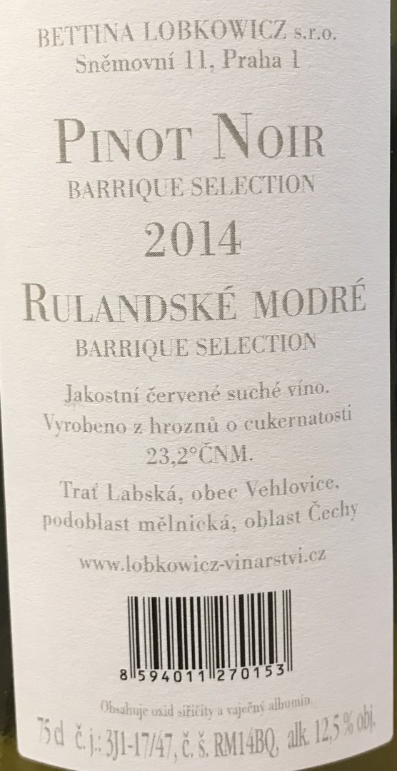 Fľaša vína Pinot Noir Barrique selection 2014, akostné víno (suché)