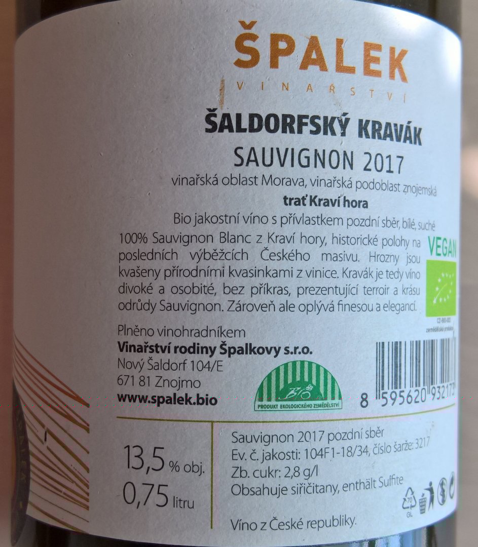 Fľaša vína Šaldorfský kravák (BIO Sauvignon) 2017, pozdný sber (suché)