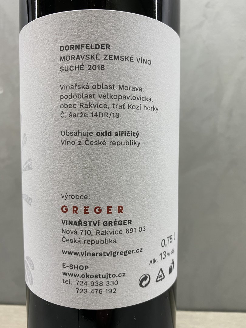 Fľaša vína Dornfelder 2018, zemské víno (suché)