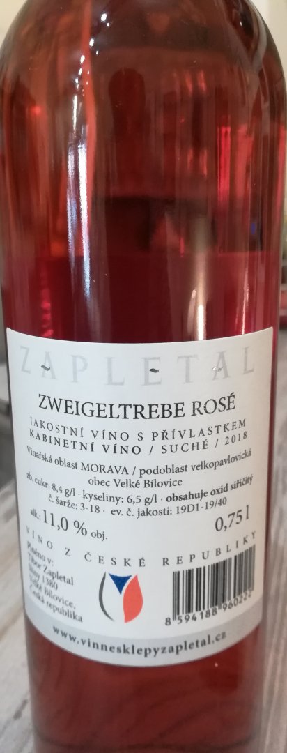 Fľaša vína Zweigeltrebe rosé 2018, kabinetné víno (polosuché)