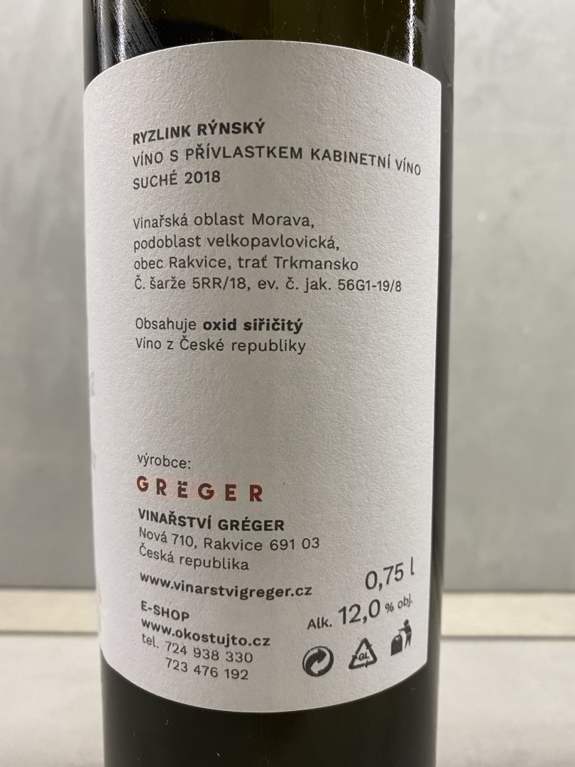 Fľaša vína Ryzlink rýnský 2018, kabinetné víno (suché)