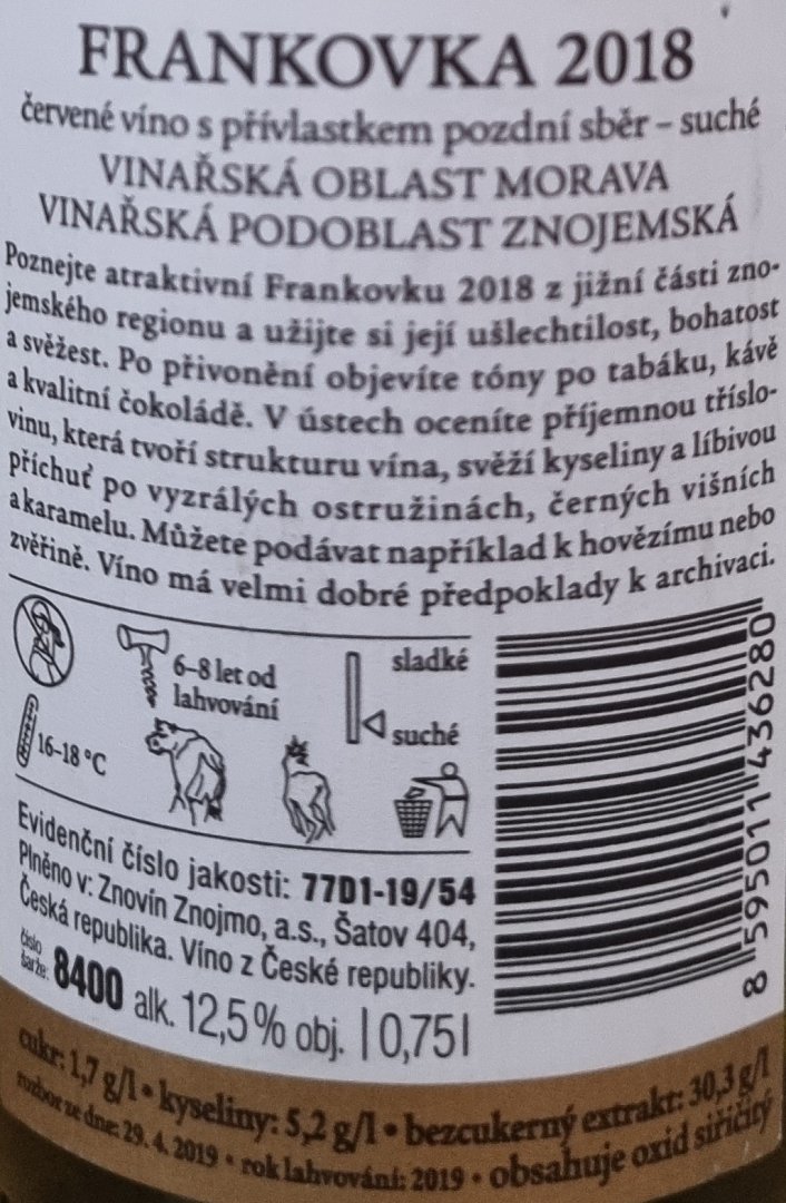 Fľaša vína Frankovka 2018, pozdný sber (suché)
