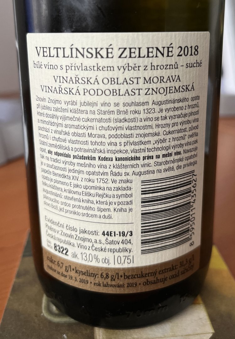 Fľaša vína Veltlínské zelené (Jubilejní) 2018, výber z hrozna (suché)