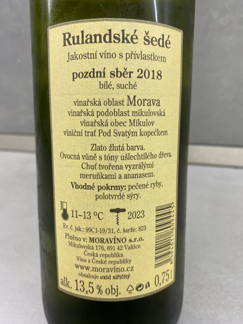 Fľaša vína Rulandské šedé 2018, pozdný sber