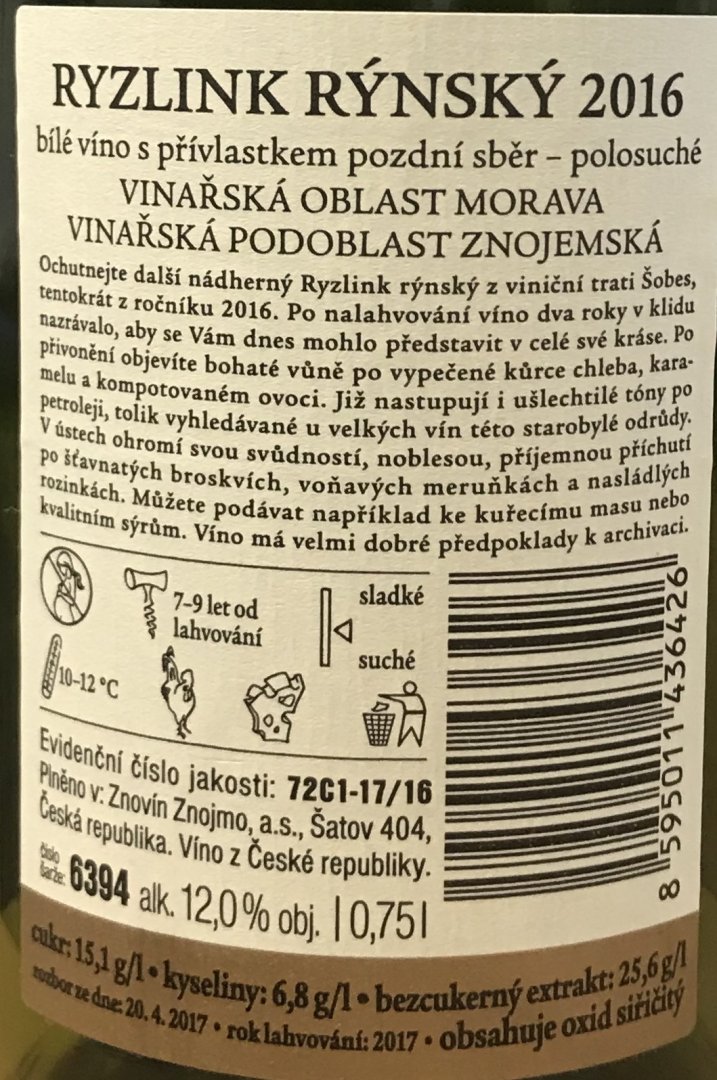 Fľaša vína Ryzlink rýnský 2016, pozdný sber (polosladké)