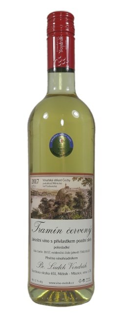 Fľaša vína Tramín červený 2017, pozdný sber (polosladké)