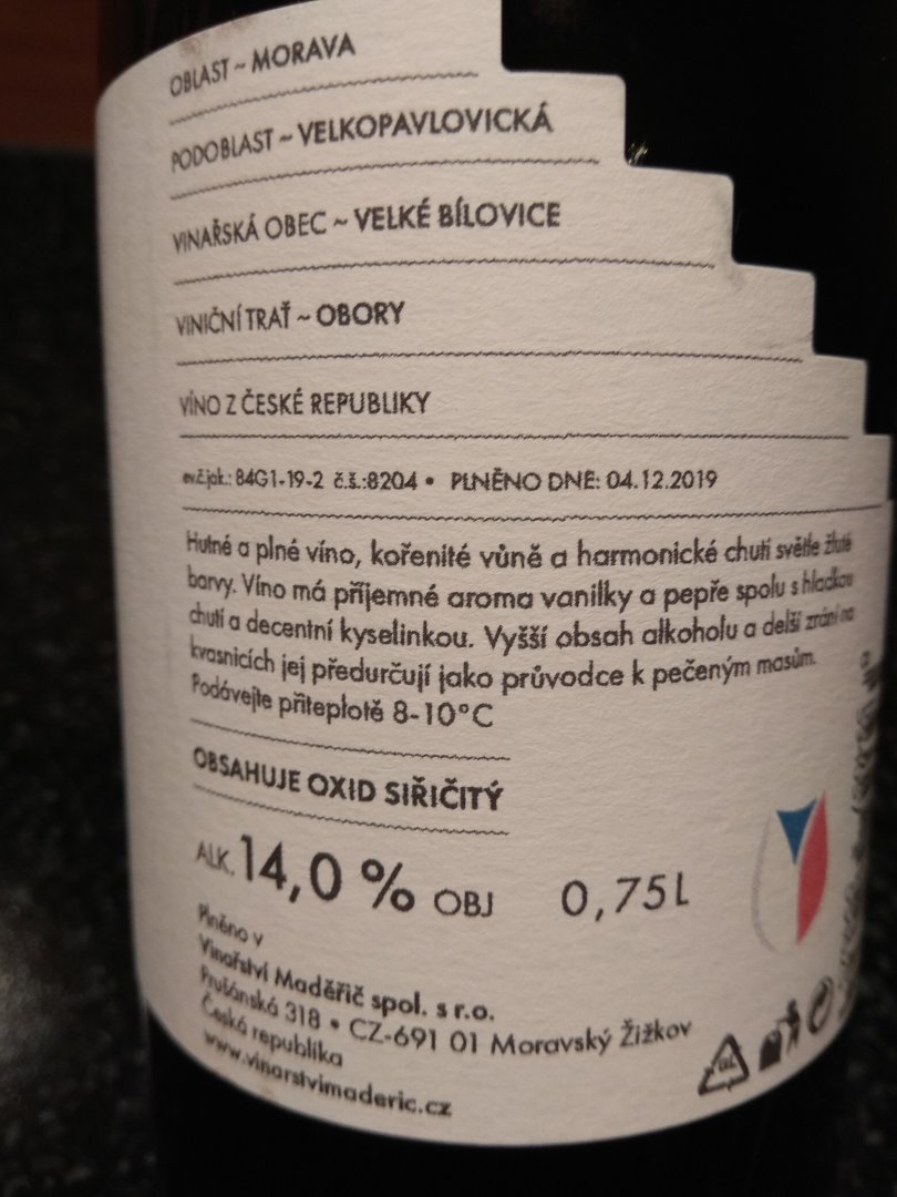 Fľaša vína Veltlínské zelené 2018, výber z hrozna (suché)