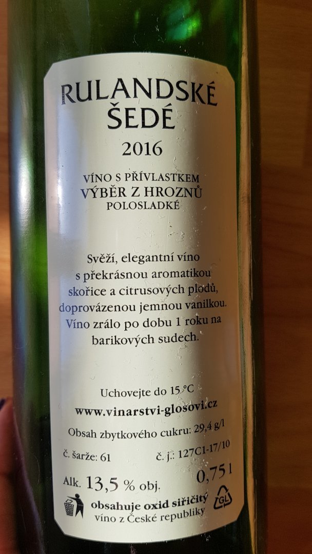 Fľaša vína Rulandské šedé barrique 2016, výber z hrozna (polosladké)