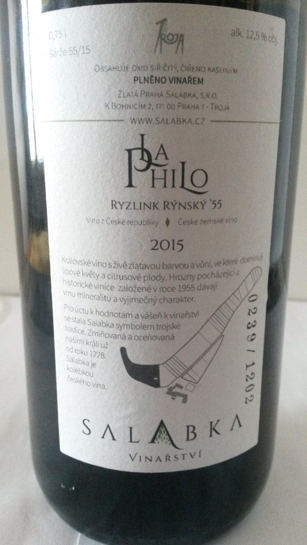 Fľaša vína La Philo Ryzlink rýnský 2015, zemské víno (suché)