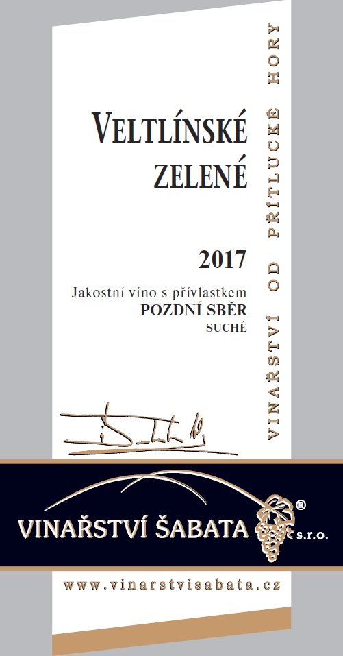 Fľaša vína Veltlínské zelené 2017, pozdný sber (suché)