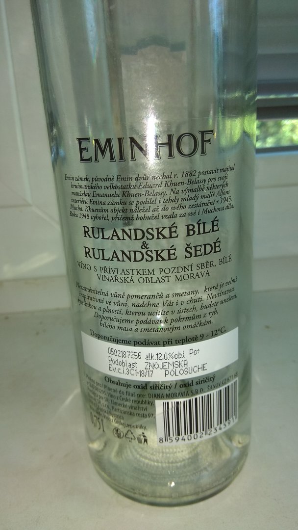 Fľaša vína Rulandské bílé, Rulandské šedé (Eminhof) 2017, pozdný sber (polosuché)