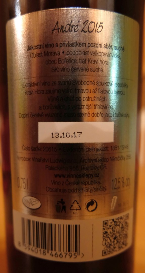 Fľaša vína André 2015, pozdný sber (suché)
