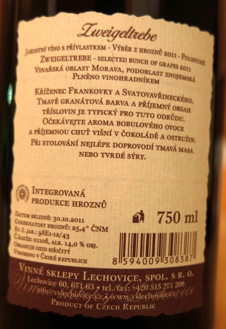 Fľaša vína Zweigeltrebe 2011, výber z hrozna (polosuché)