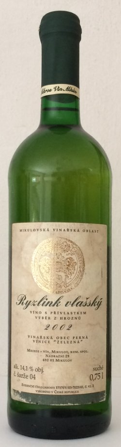 Fľaša vína Ryzlink vlašský (Železná) 2002, výber z hrozna (suché)
