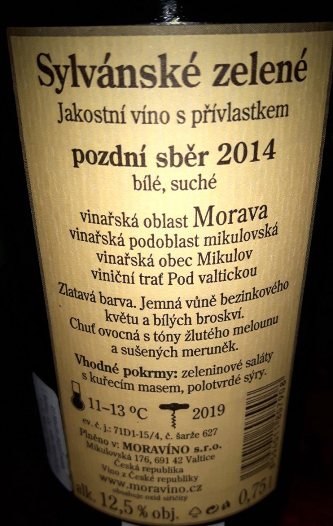Fľaša vína Sylvánské zelené 2014, pozdný sber (suché)