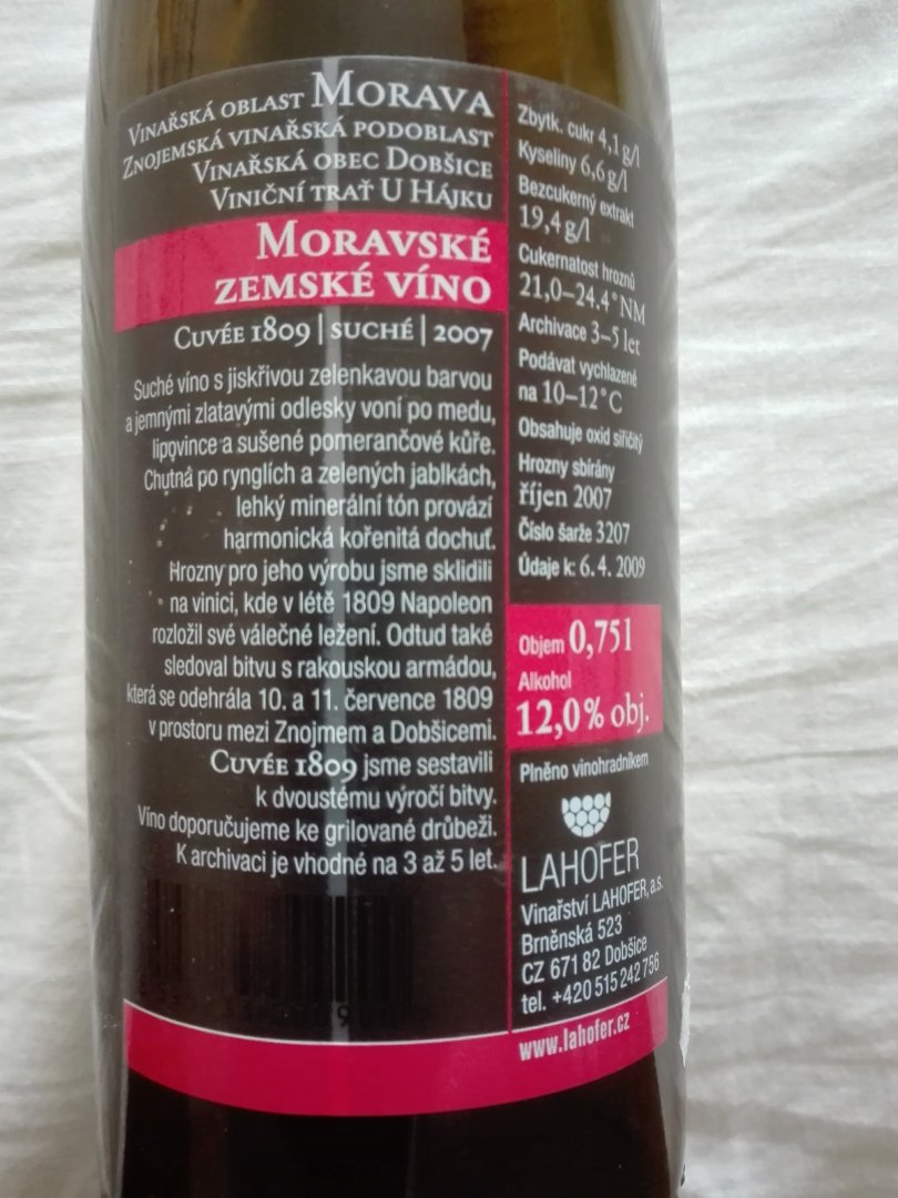 Fľaša vína Cuvée 1809 2007, zemské víno (suché)