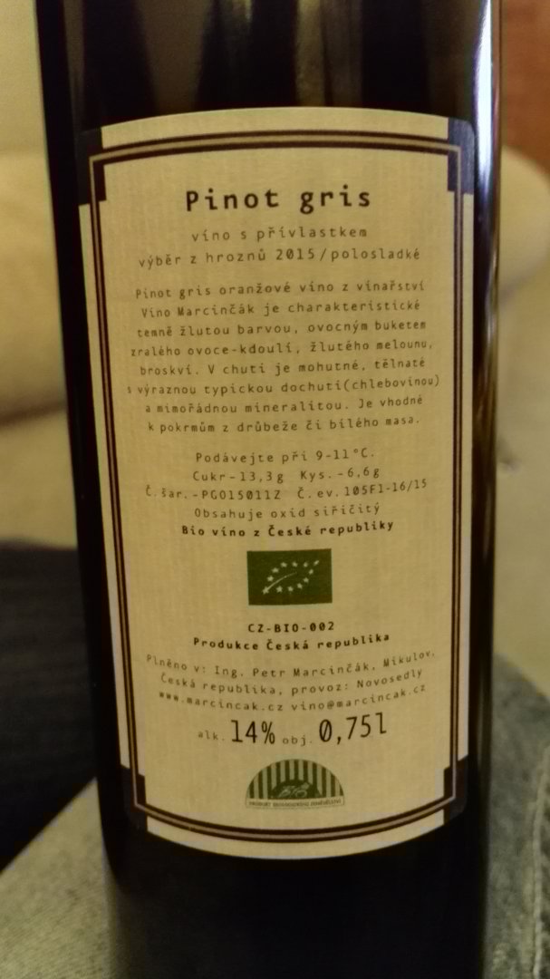 Fľaša vína Pinot Gris - Oranžové víno 2015, výber z hrozna (polosladké)
