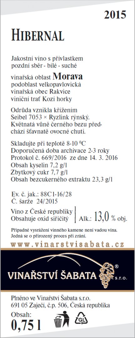 Fľaša vína Hibernal 2015, pozdný sber (suché)