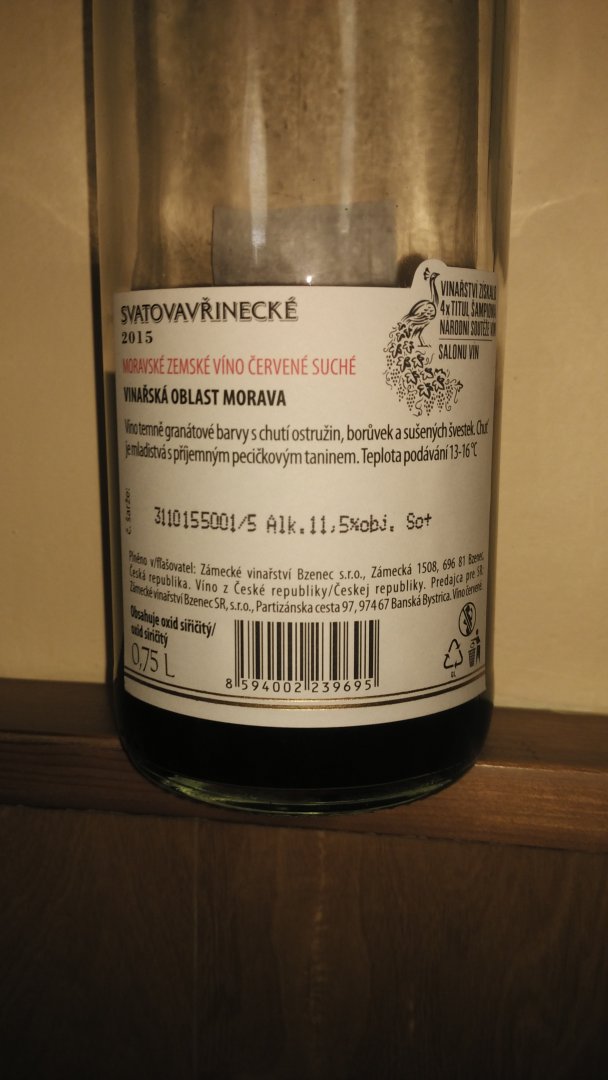 Fľaša vína Svatovavřinecké (Svatomartinské) 2015, zemské víno (suché)