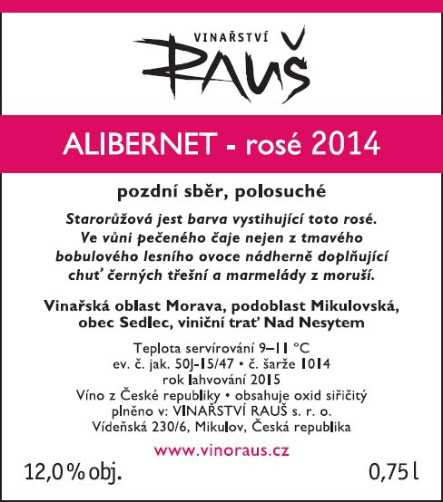 Fľaša vína Alibernet - rosé 2014, pozdný sber (polosuché)