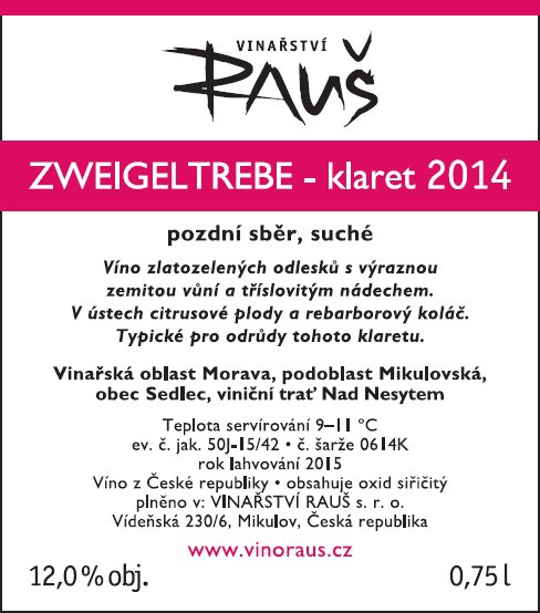 Fľaša vína Zweigeltrebe - klaret 2014, pozdný sber (suché)