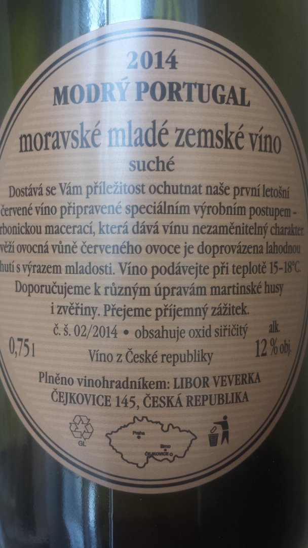 Fľaša vína Modrý Portugal (Svatomartinské) 2014, zemské víno (suché)