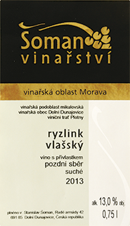 Fľaša vína Ryzlink vlašský 2013, pozdný sber (suché)