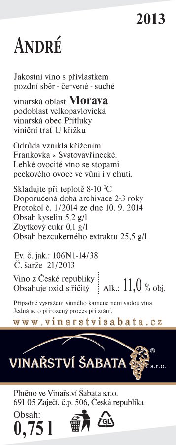 Fľaša vína André 2013, pozdný sber (suché)