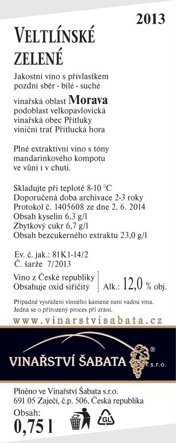 Fľaša vína Veltlínské zelené 2013, pozdný sber (suché)