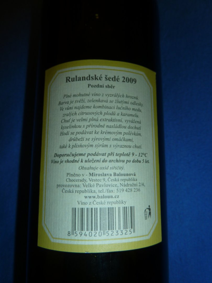 Fľaša vína Rulandské šedé 2009, pozdný sber (polosuché)