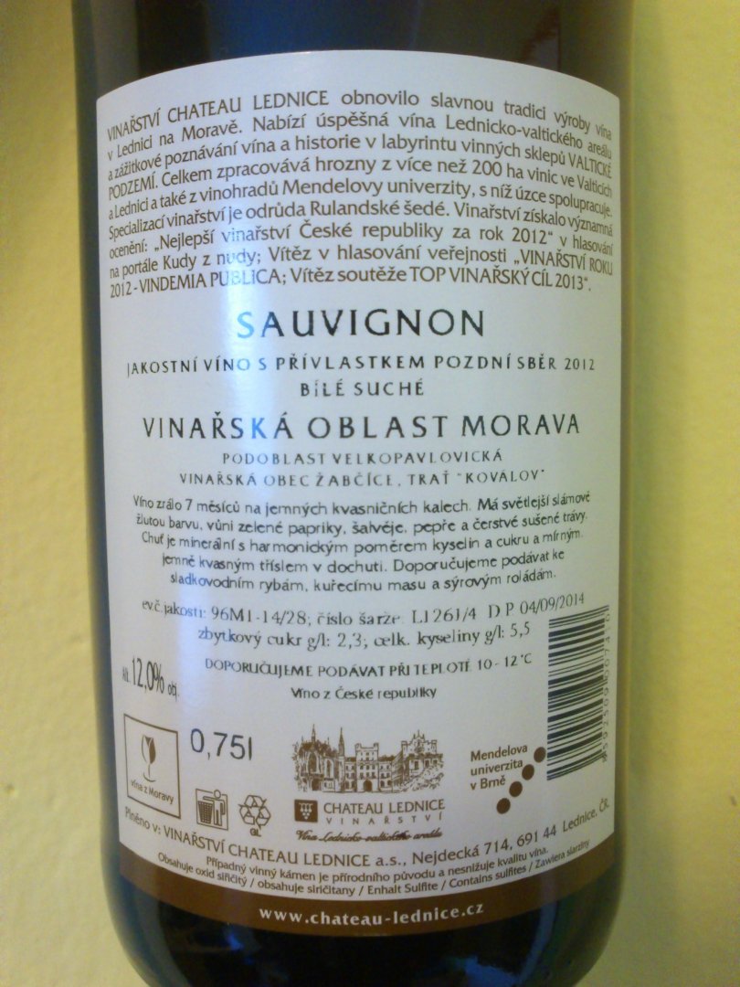 Fľaša vína Sauvignon 2012, pozdný sber (suché)