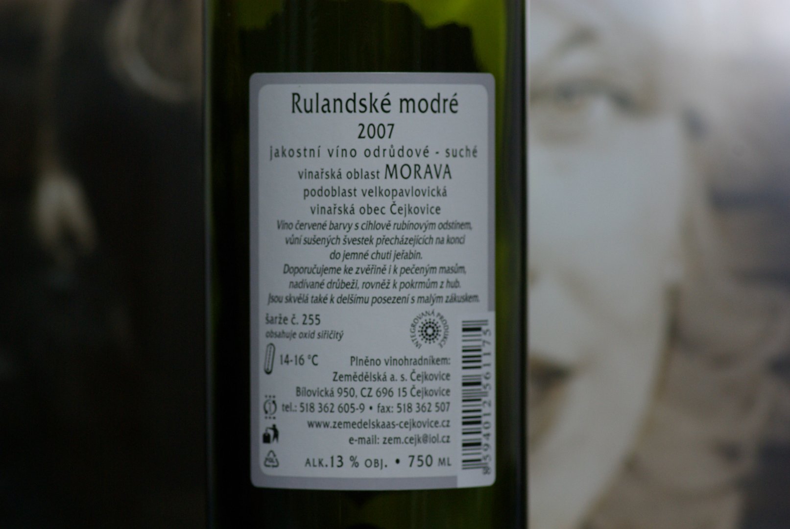 Fľaša vína Rulandské modré 2007, akostné víno (suché)