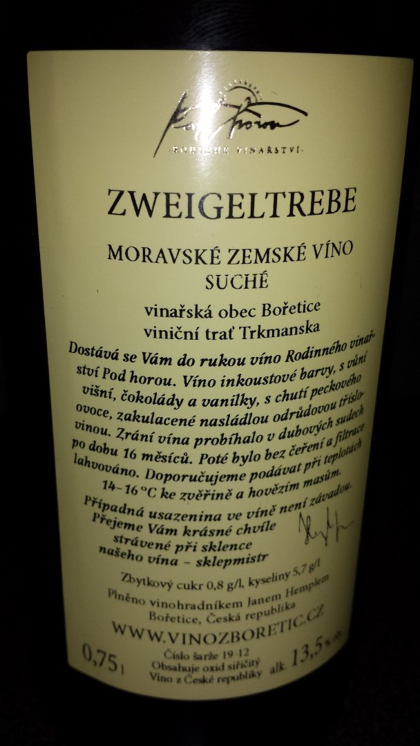 Fľaša vína Zweigeltrebe 2012, zemské víno (suché)